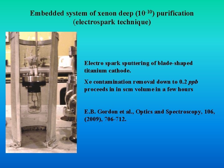 Embedded system of xenon deep (10 -10) purification (electrospark technique) Electro spark sputtering of