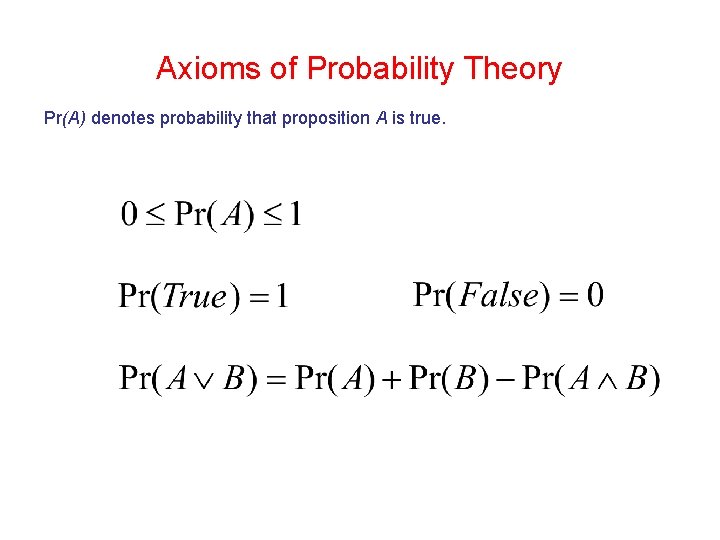 Axioms of Probability Theory Pr(A) denotes probability that proposition A is true.  Axioms of Probability Theory Pr(A) denotes probability that proposition A is true.