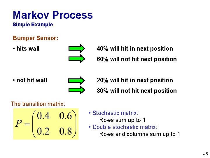 Markov Process Simple Example Bumper Sensor: • hits wall 40% will hit in next Markov Process Simple Example Bumper Sensor: • hits wall 40% will hit in next