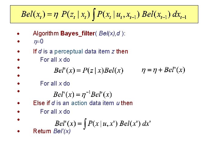 Bayes Filter Algorithm • • Algorithm Bayes_filter( Bel(x), d ): 0 • • • Bayes Filter Algorithm • • Algorithm Bayes_filter( Bel(x), d ): 0 • • •