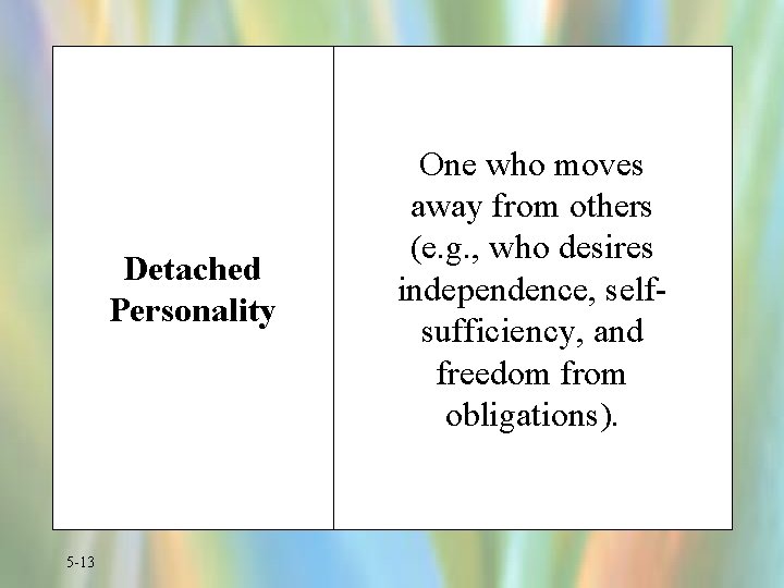 Detached Personality 5 -13 One who moves away from others (e. g. , who