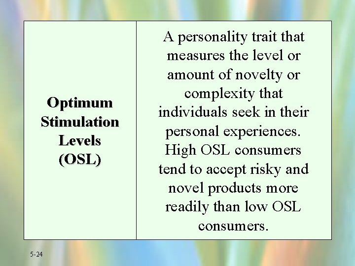 Optimum Stimulation Levels (OSL) 5 -24 A personality trait that measures the level or