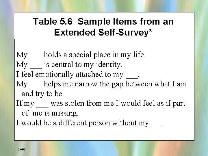 Table 5. 6 Sample Items from an Extended Self-Survey* My ___ holds a special