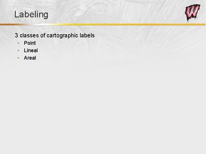 Labeling 3 classes of cartographic labels • Point • Lineal • Areal 