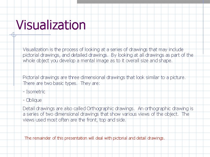 Visualization is the process of looking at a series of drawings that may include