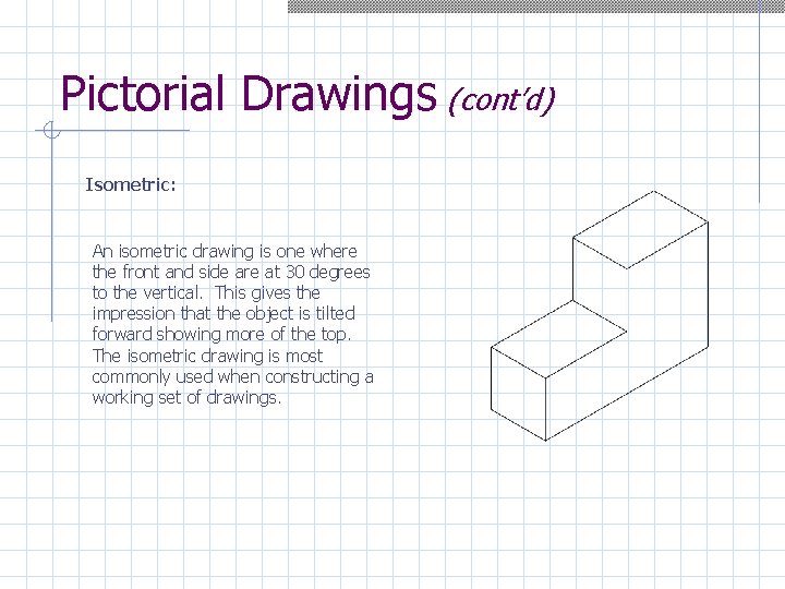 Pictorial Drawings (cont’d) Isometric: An isometric drawing is one where the front and side