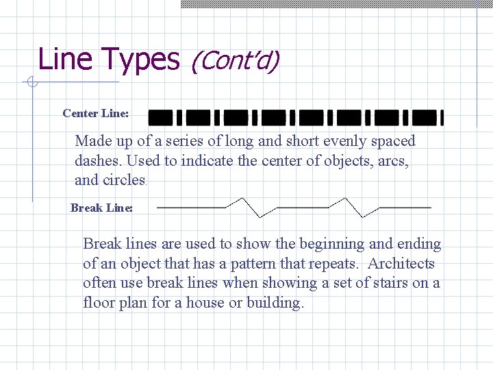 Line Types (Cont’d) Center Line: Made up of a series of long and short