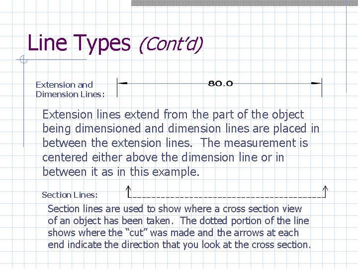Line Types (Cont’d) Extension and Dimension Lines: Extension lines extend from the part of
