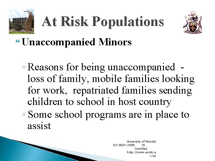 At Risk Populations Unaccompanied Minors ◦ Reasons for being unaccompanied loss of family, mobile