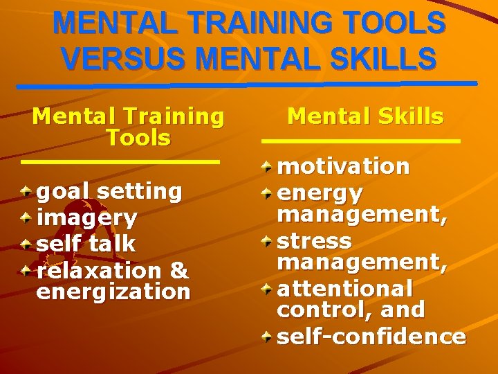 MENTAL TRAINING TOOLS VERSUS MENTAL SKILLS Mental Training Tools goal setting imagery self talk