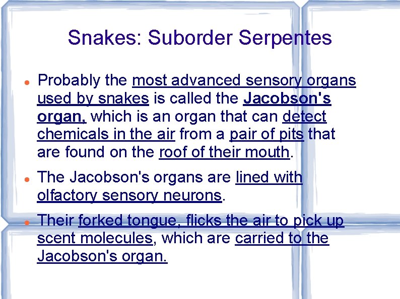 Snakes: Suborder Serpentes Probably the most advanced sensory organs used by snakes is called