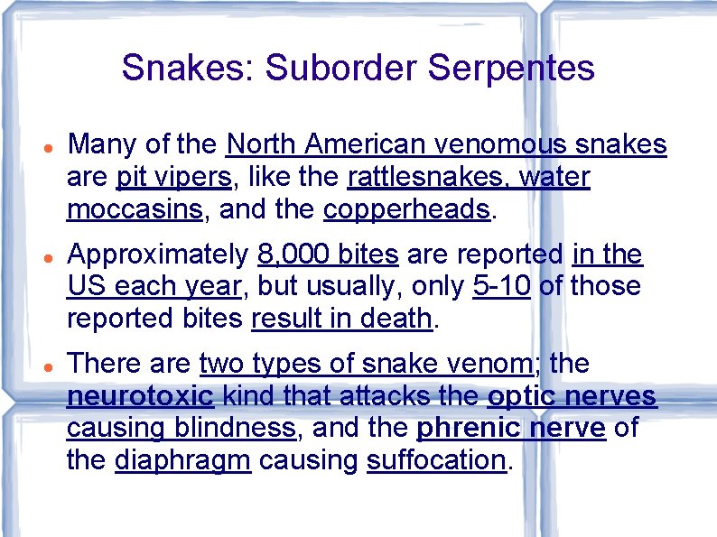 Snakes: Suborder Serpentes Many of the North American venomous snakes are pit vipers, like