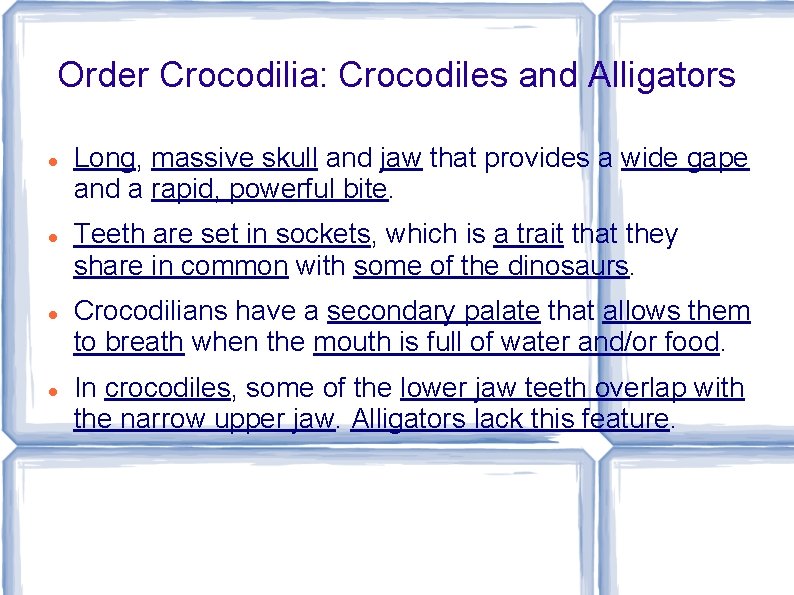 Order Crocodilia: Crocodiles and Alligators Long, massive skull and jaw that provides a wide