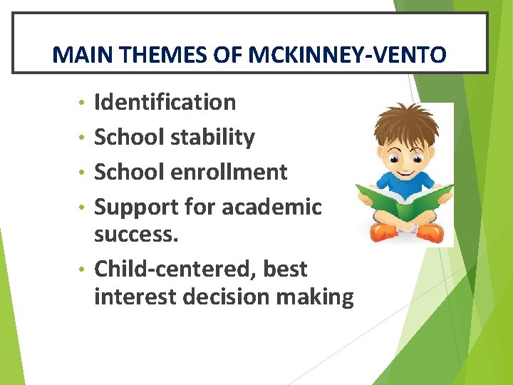 MAIN THEMES OF MCKINNEY-VENTO • • • Identification School stability School enrollment Support for