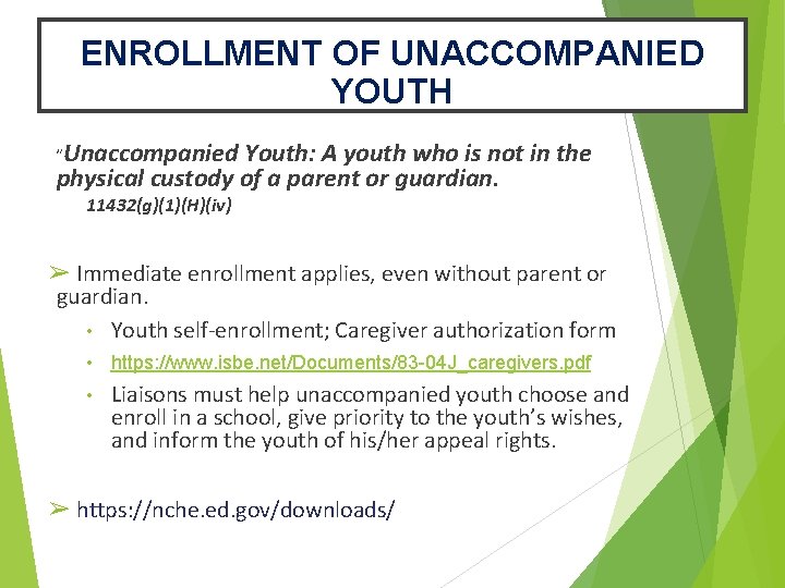 ENROLLMENT OF UNACCOMPANIED YOUTH “Unaccompanied Youth: A youth who is not in the physical