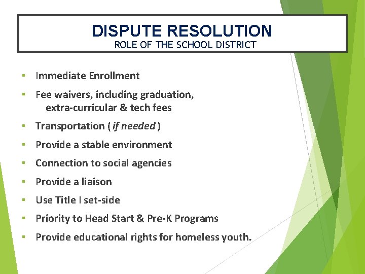 DISPUTE RESOLUTION ROLE OF THE SCHOOL DISTRICT ▪ Immediate Enrollment ▪ Fee waivers, including