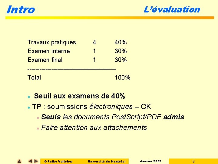 Intro L’évaluation Travaux pratiques 4 40% Examen interne 1 30% Examen final 1 30%