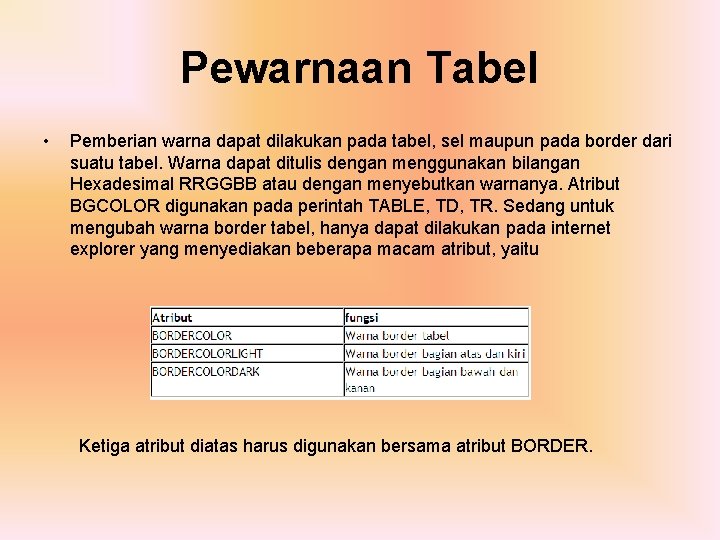 Pewarnaan Tabel • Pemberian warna dapat dilakukan pada tabel, sel maupun pada border dari