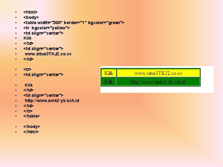  • • • <html> <body> <table width="300" border="1" bgcolor="green"> <tr bgcolor="yellow"> <td align="center">