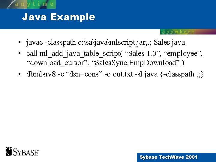 Java Example • javac -classpath c: sajavamlscript. jar; . ; Sales. java • call