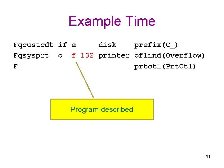 Example Time Fqcustcdt if e disk prefix(C_) Fqsysprt o f 132 printer oflind(Overflow) F