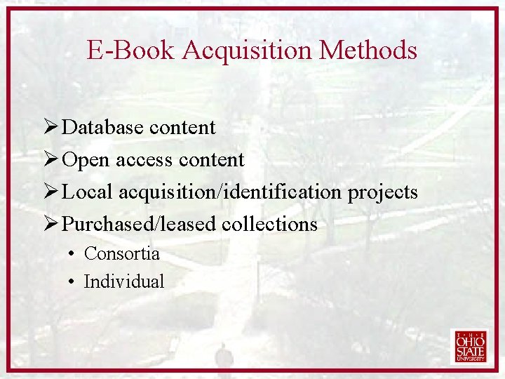 E-Book Acquisition Methods Ø Database content Ø Open access content Ø Local acquisition/identification projects