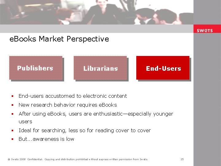 e. Books Market Perspective Publishers Librarians End-Users § End-users accustomed to electronic content §