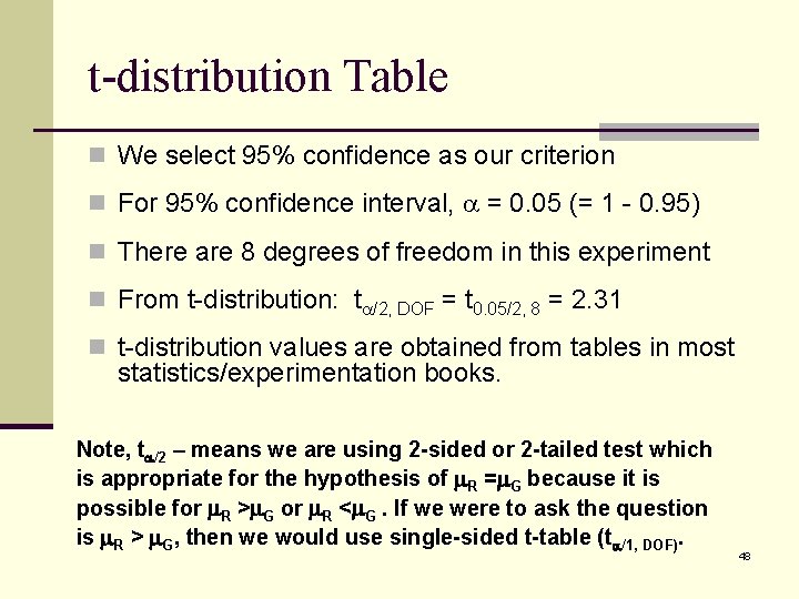 t-distribution Table n We select 95% confidence as our criterion n For 95% confidence