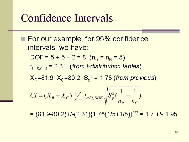 Confidence Intervals n For our example, for 95% confidence intervals, we have: DOF =