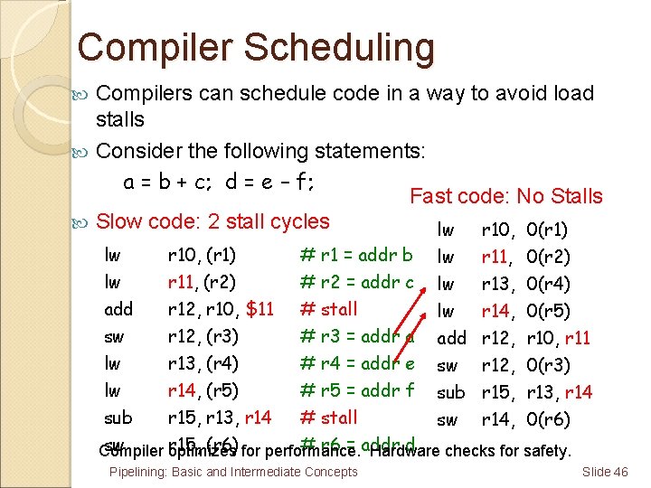Compiler Scheduling Compilers can schedule code in a way to avoid load stalls Consider