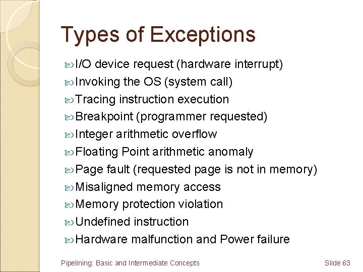 Types of Exceptions I/O device request (hardware interrupt) Invoking the OS (system call) Tracing