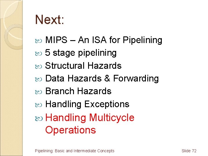 Next: MIPS – An ISA for Pipelining 5 stage pipelining Structural Hazards Data Hazards