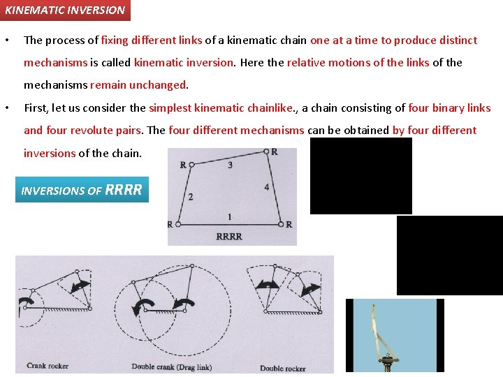 KINEMATIC INVERSION • The process of fixing different links of a kinematic chain one