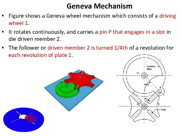 Geneva Mechanism • Figure shows a Geneva wheel mechanism which consists of a driving