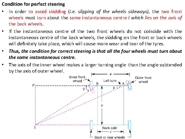 Condition for perfect steering • In order to avoid skidding (i. e. slipping of