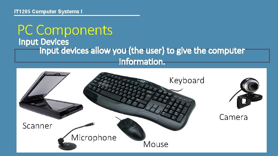 IT 1205 Computer Systems I PC Components Input Devices Input devices allow you (the