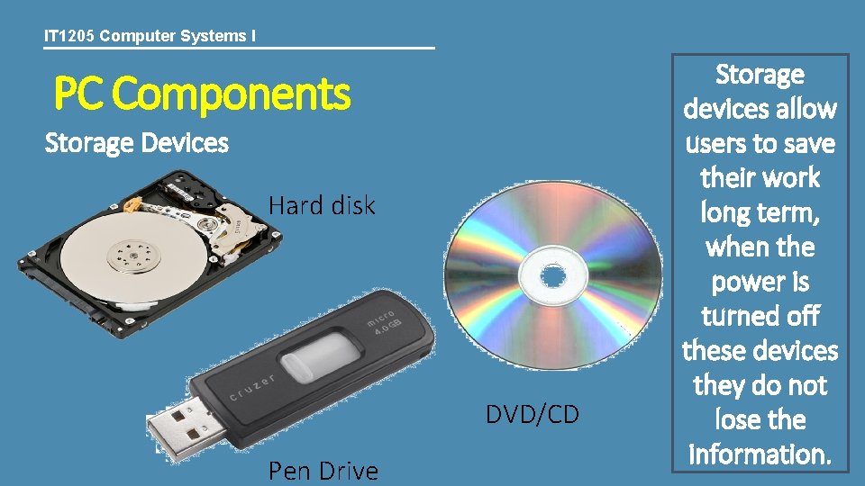 IT 1205 Computer Systems I PC Components Storage Devices Hard disk DVD/CD Pen Drive