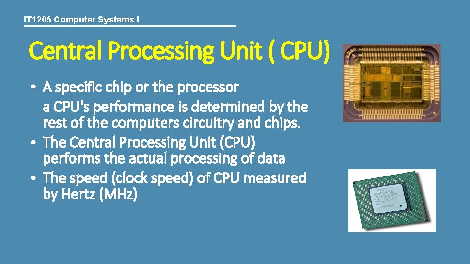 IT 1205 Computer Systems I Central Processing Unit ( CPU) • A specific chip