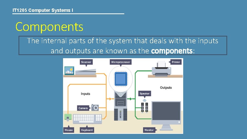 IT 1205 Computer Systems I Components The internal parts of the system that deals