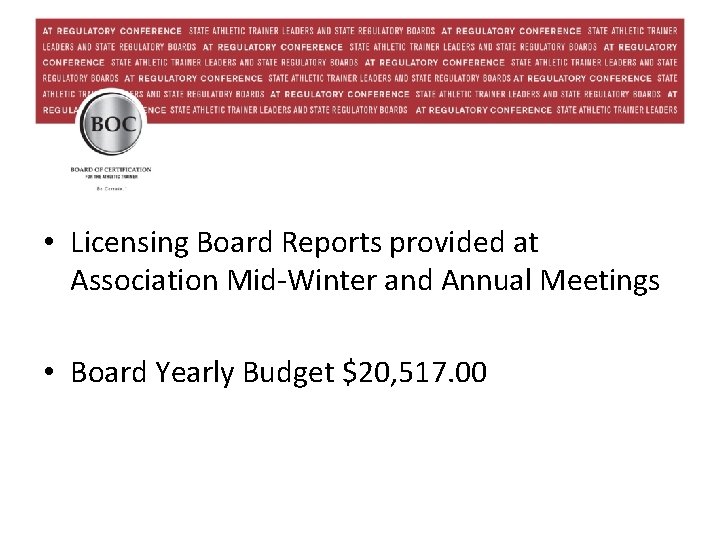  • Licensing Board Reports provided at Association Mid-Winter and Annual Meetings • Board