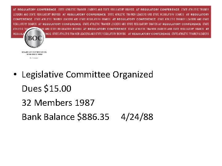  • Legislative Committee Organized Dues $15. 00 32 Members 1987 Bank Balance $886.