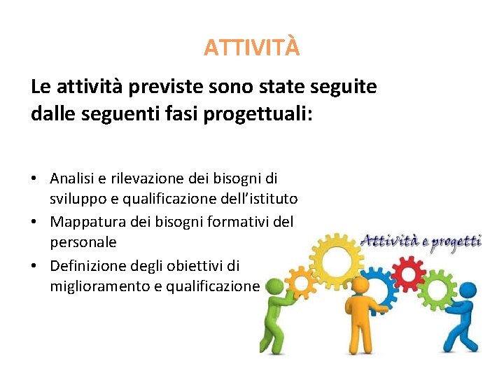 ATTIVITÀ Le attività previste sono state seguite dalle seguenti fasi progettuali: • Analisi e