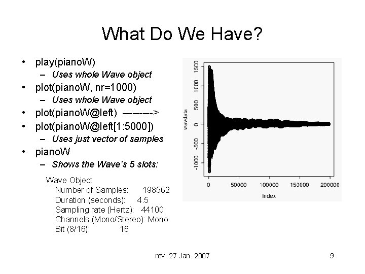 What Do We Have? • play(piano. W) – Uses whole Wave object • plot(piano.
