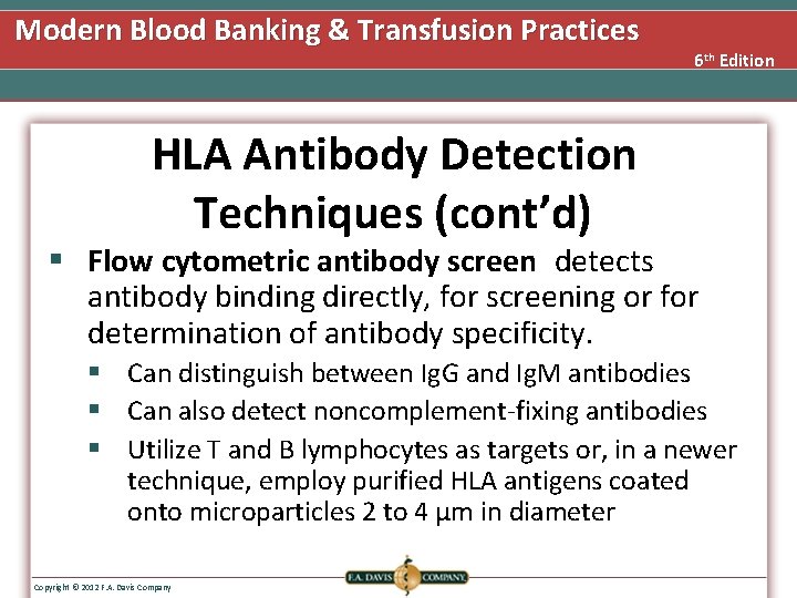 Modern Blood Banking & Transfusion Practices 6 th Edition HLA Antibody Detection Techniques (cont’d)
