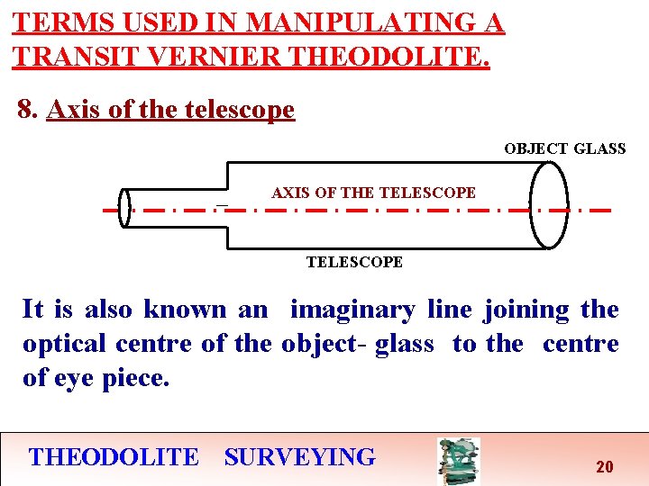 TERMS USED IN MANIPULATING A TRANSIT VERNIER THEODOLITE. 8. Axis of the telescope OBJECT