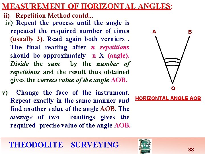 MEASUREMENT OF HORIZONTAL ANGLES: ii) Repetition Method contd. . . iv) Repeat the process