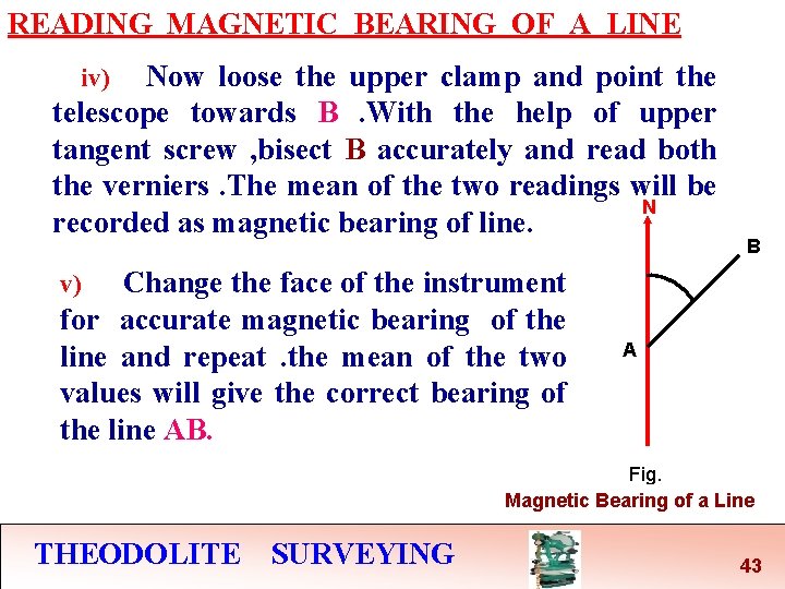 READING MAGNETIC BEARING OF A LINE Now loose the upper clamp and point the