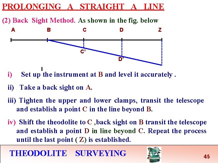 PROLONGING A STRAIGHT A LINE (2) Back Sight Method. As shown in the fig.