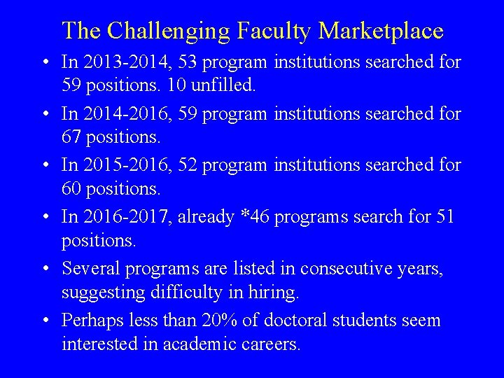 The Challenging Faculty Marketplace • In 2013 -2014, 53 program institutions searched for 59