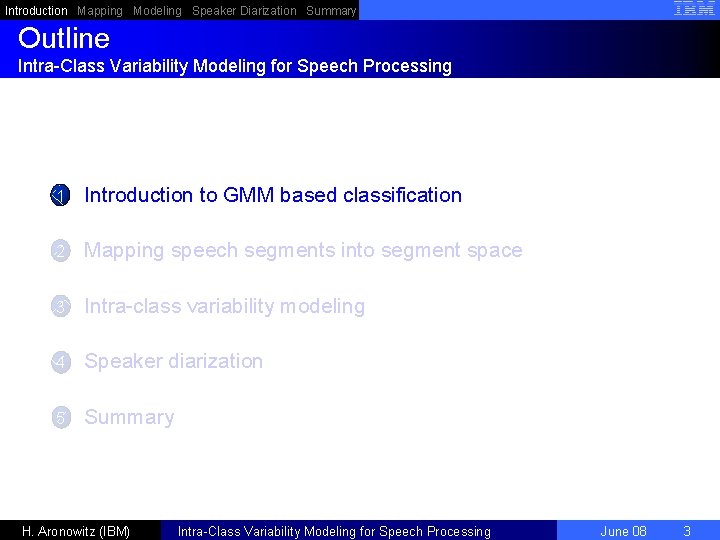 Introduction Mapping Modeling Speaker Diarization Summary Outline Intra-Class Variability Modeling for Speech Processing 1